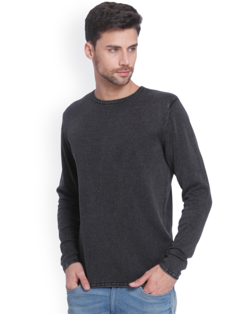 

ONLY & SONS Men Charcoal Grey Solid Round Neck T-shirt