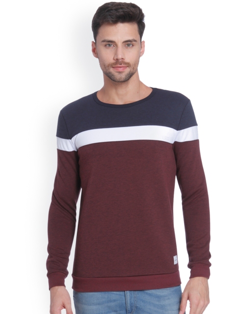 

ONLY & SONS Men Burgundy & Navy Blue Colourblocked Sweatshirt