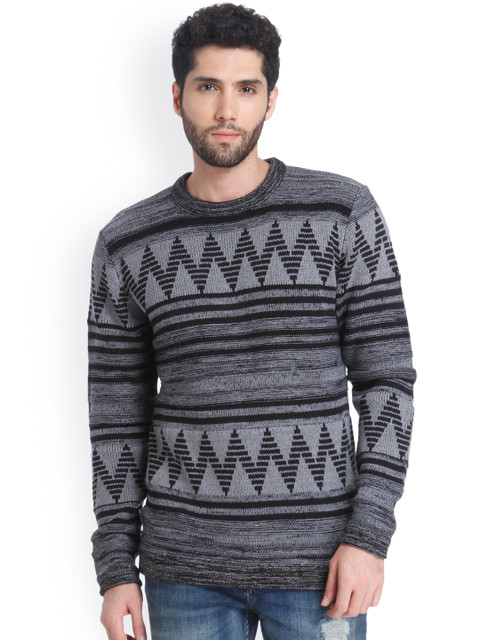 

ONLY & SONS Men Grey & Black Self Design Pullover