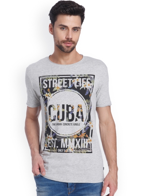 

ONLY & SONS Men Grey Melange Printed Round Neck T-shirt