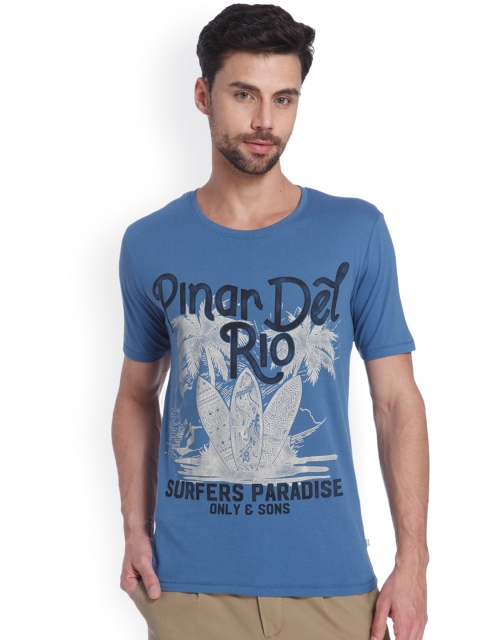 

ONLY & SONS Men Blue Printed Round Neck T-shirt