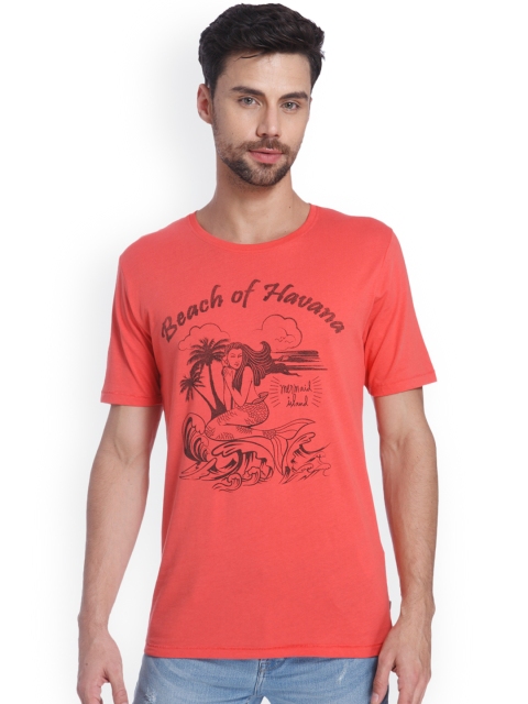 

ONLY & SONS Men Coral Pink Printed Round Neck T-shirt