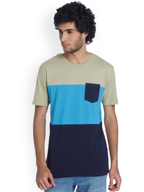 

ONLY & SONS Men Blue & Green Colourblocked Round Neck T-shirt
