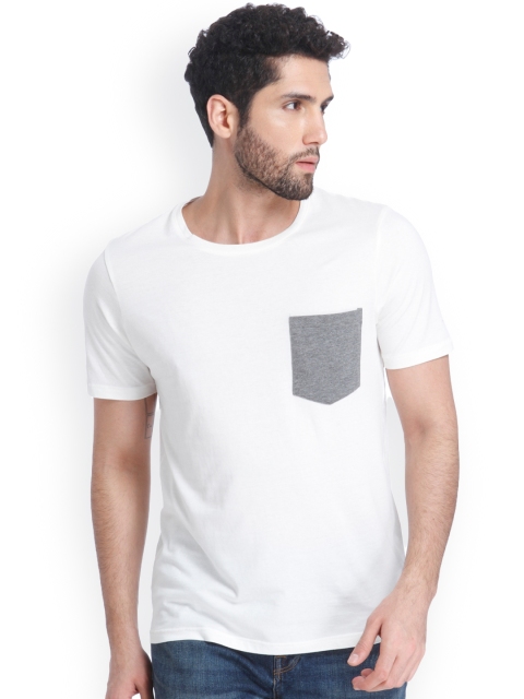 

ONLY & SONS Men Off-White Solid Round Neck T-shirt