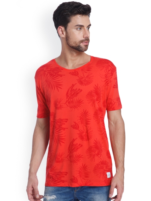 

ONLY & SONS Men Coral Red Printed Round Neck T-shirt