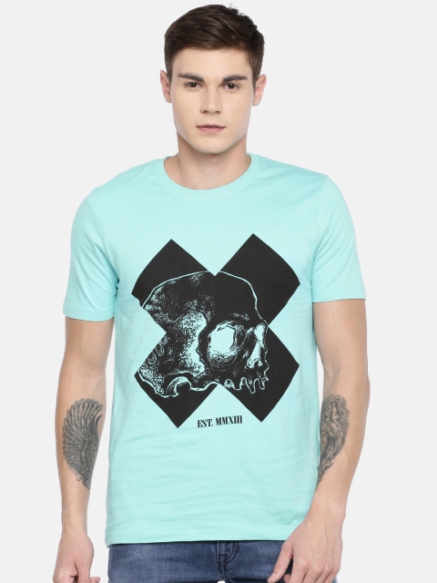 

ONLY & SONS Men Turquoise Blue Slim Fit Printed Round Neck T-shirt