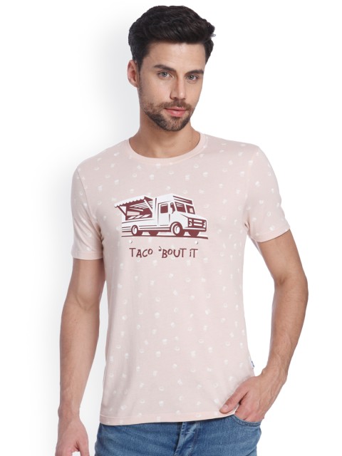 

ONLY & SONS Men Peach-Coloured Printed Round Neck Pure Cotton T-shirt