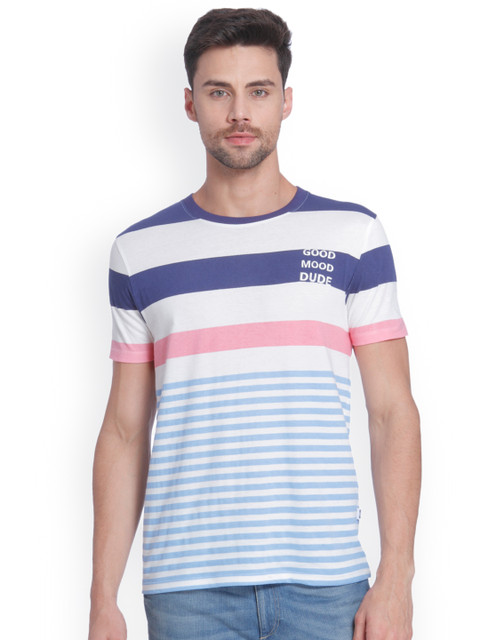 

ONLY & SONS Men Blue Striped Round Neck T-shirt