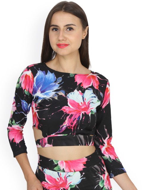 

Cation Women Black & Pink Printed Crop Pure Cotton Top