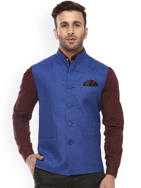 

Hangup Men Blue Woven Design Nehru Jacket