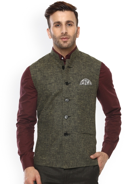 

Hangup Men Green Woven Design Nehru Jacket
