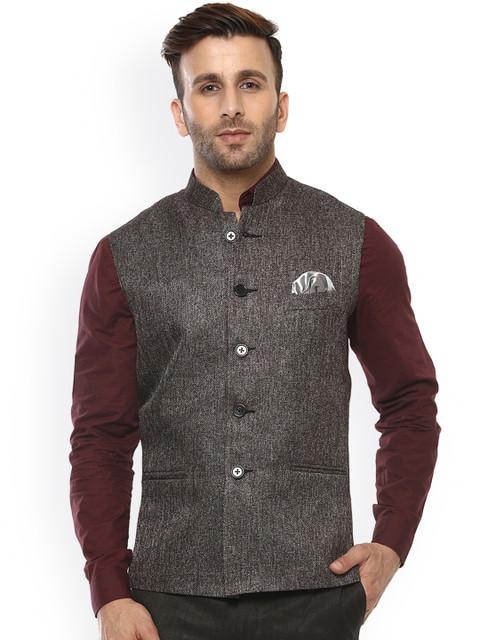 

Hangup Men Grey Woven Design Nehru Jacket