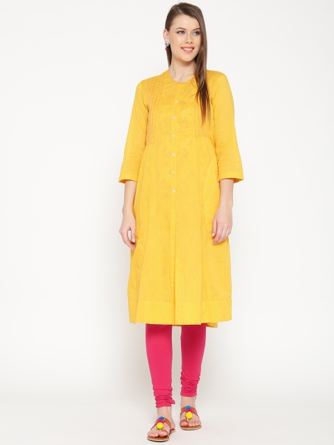 

Biba Women Yellow Solid A-Line Kurta with Printed Inner