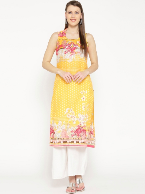 

Biba Women Yellow & Pink Printed Straight Kurta