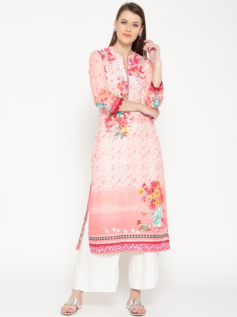 

Biba Women Peach-Coloured & White Printed Straight Kurta