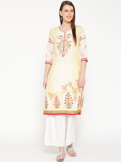 

Biba Women Off-White & Yellow Printed Straight Kurta