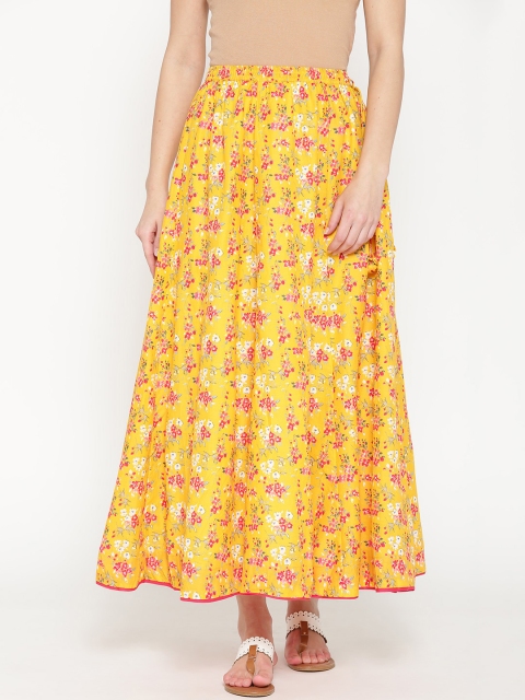 

Biba Women Yellow & Pink Printed Flared Maxi Pure Cotton Skirt