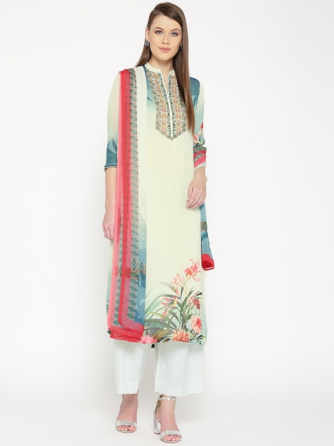 

Biba Women Off-White Printed Kurta with Palazzos & Dupatta