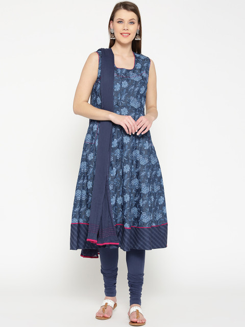 

Biba Women Navy Printed Kurta with Churidar & Dupatta, Navy blue