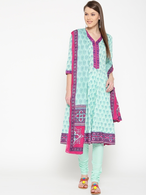 

Biba Women Blue Printed Kurta with Churidar & Dupatta