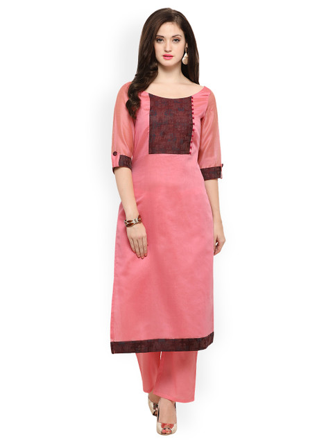 

Inddus Women Pink Woven Design Straight Kurta
