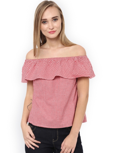 

Besiva Women Red Checked Bardot Top