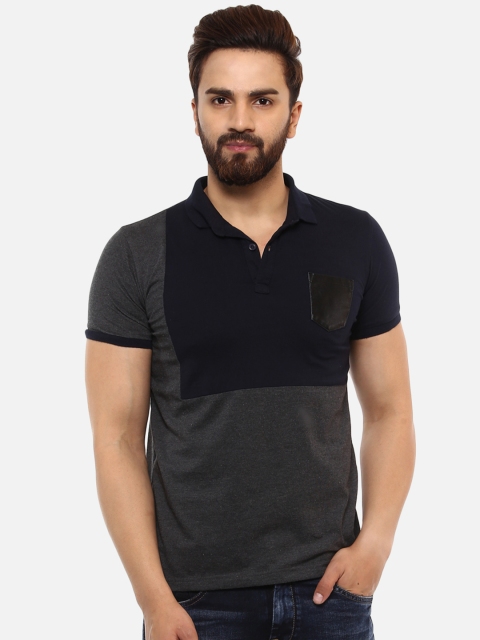 

Mufti Men Charcoal Grey Black Colourblocked Polo Collar Pure Cotton T-shirt