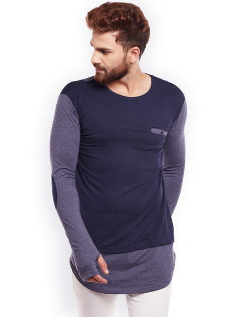 

Hypernation Men Navy Blue & Blue Colourblocked Round Neck T-shirt