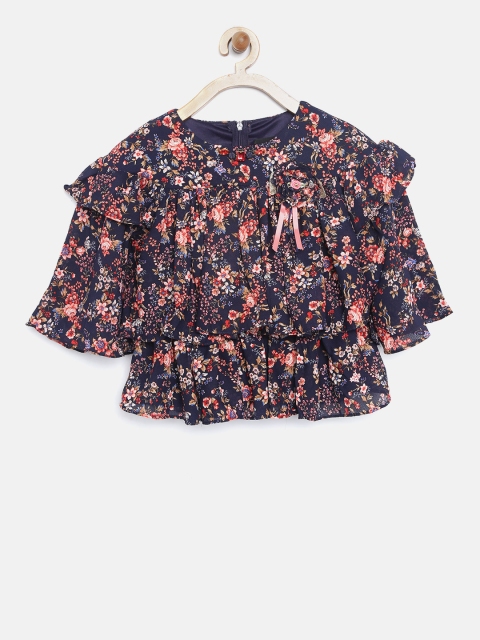 

Tiny Girl Navy Blue Floral Print Tiered Top