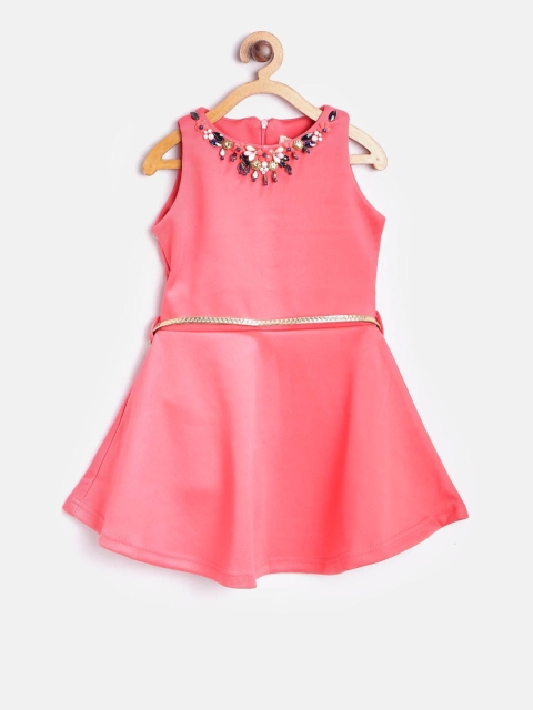 

Tiny Girl Coral Pink Solid Fit & Flare Dress
