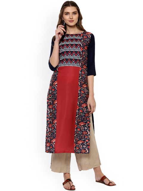 

Janasya Women Blue & Red Printed Straight Kurta