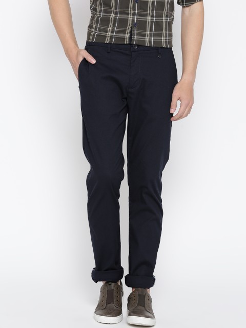 

Blackberrys Men Navy Sharp Fit Self Design Casual Trousers, Navy blue