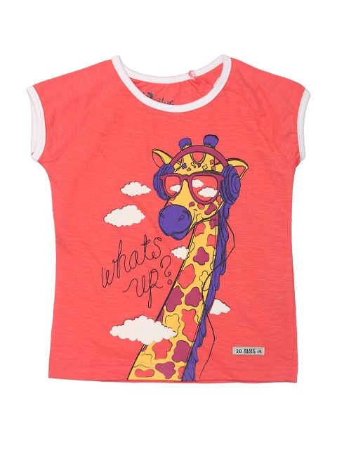

Blue Giraffe Girls Coral Orange Printed Round Neck T-shirt