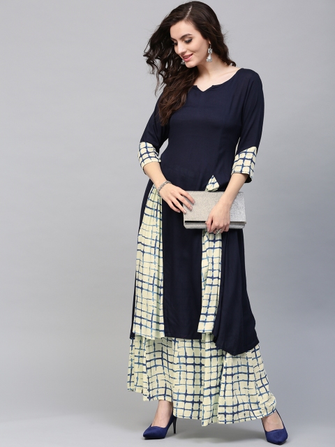 

AKS Women Navy & Cream-Coloured Solid A-Line Kurta with Checked Palazzos, Navy blue