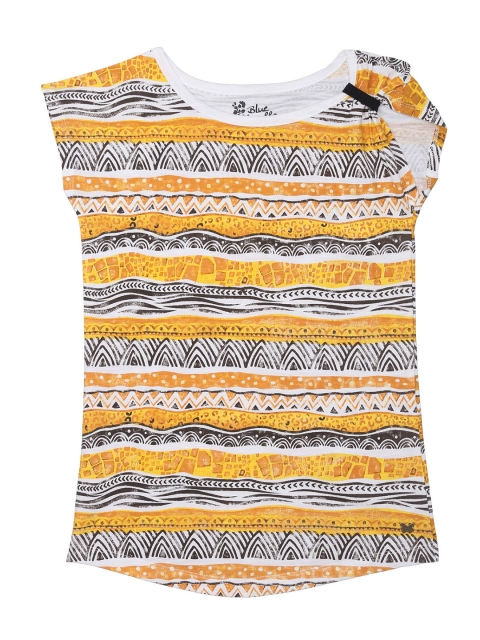 

Blue Giraffe Girls Mustard Yellow & Off-White Printed Pure Cotton Top