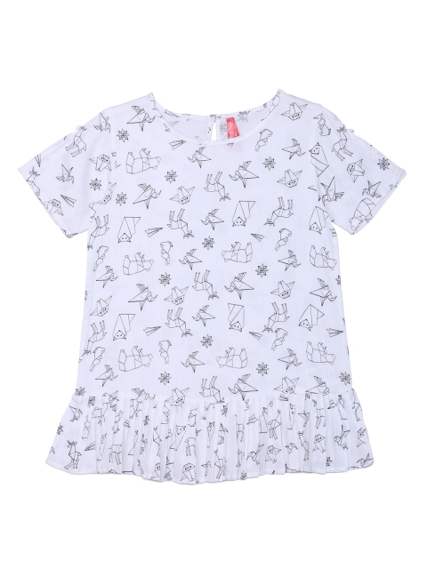 

Blue Giraffe Girls White & Black Printed Pure Cotton Top