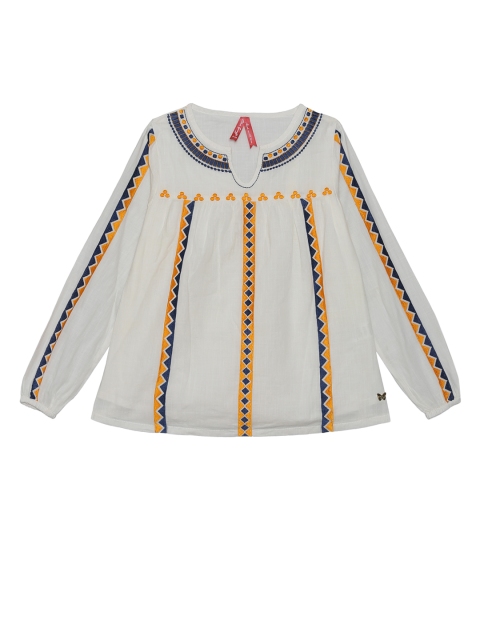 

Blue Giraffe Girls Off-White Embroidered A-Line Pure Cotton Top