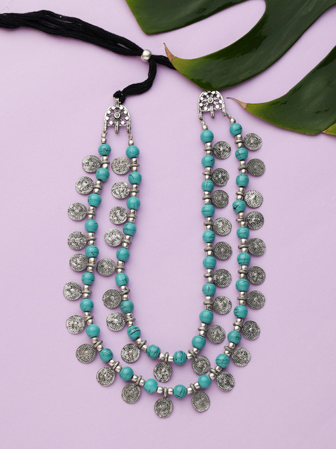 

Infuzze Turquoise Blue & Oxidised Silver-Toned Beaded Layered Necklace