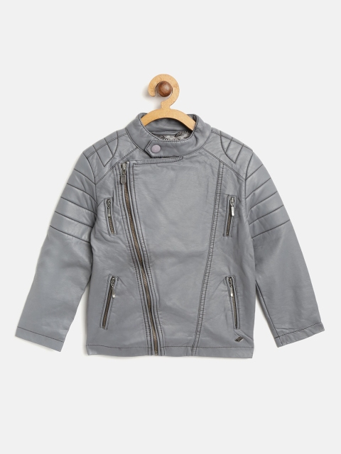 

Blue Giraffe Boys Grey Solid Asymmetric Closure Jacket
