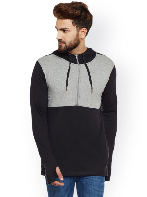 

Hypernation Men Grey & Black Colourblocked Hooded Sweatshirt