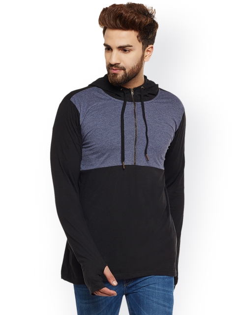 

Hypernation Men Blue & Black Colourblocked Hooded Sweatshirt