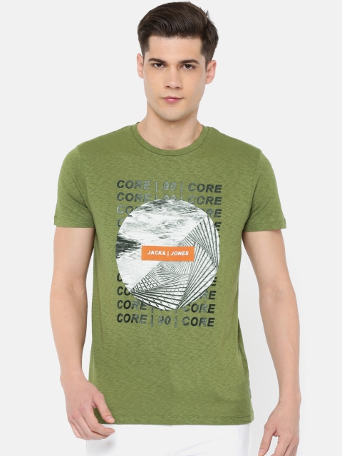 

Jack & Jones Men Olive Green Printed Round Neck T-Shirt