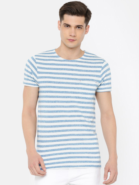 

Jack & Jones Men White & Blue Striped Round Neck T-Shirt