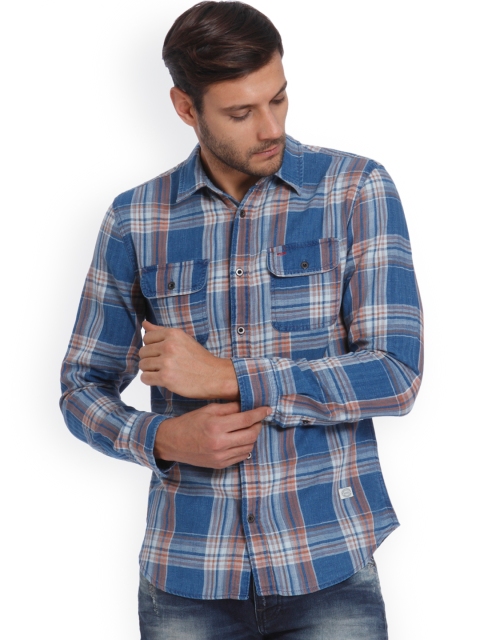 

Jack & Jones Men Blue & Rust Slim Fit Checked Casual Shirt