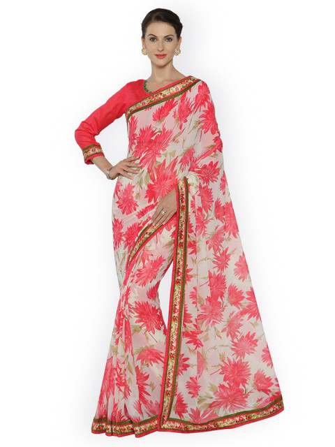 

Indian Women Pink & Beige Pure Georgette Printed Saree