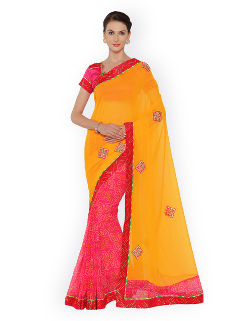 

Indian Women Yellow & Pink Pure Georgette Embellished Saree