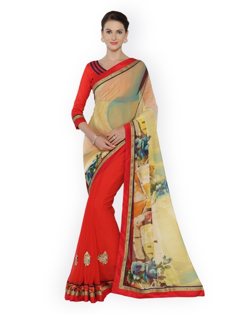 

Indian Women Red & Yellow Pure Georgette Embellished Saree