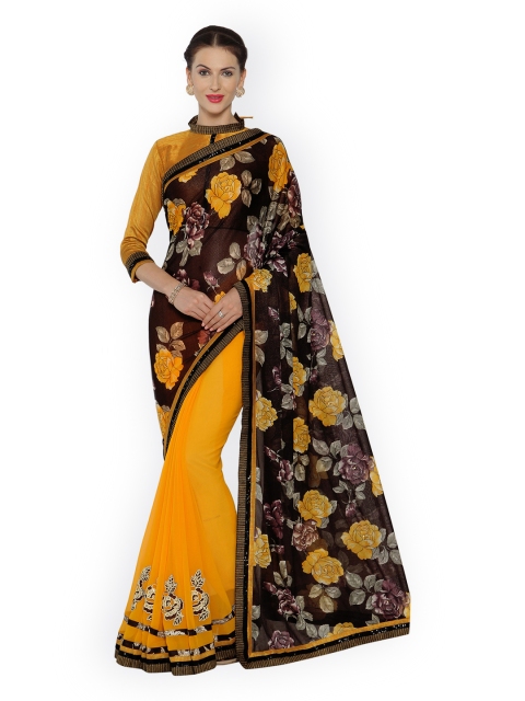 

Indian Women Black & Yellow Pure Georgette Embellished Saree