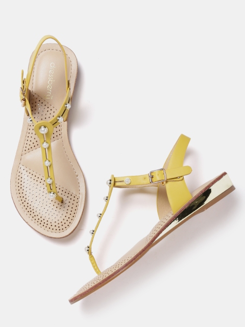

DressBerry Women Yellow Embellished T-Strap Flats