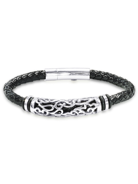 

Peora Black & Silver-Toned Leather Contemporary Bracelet